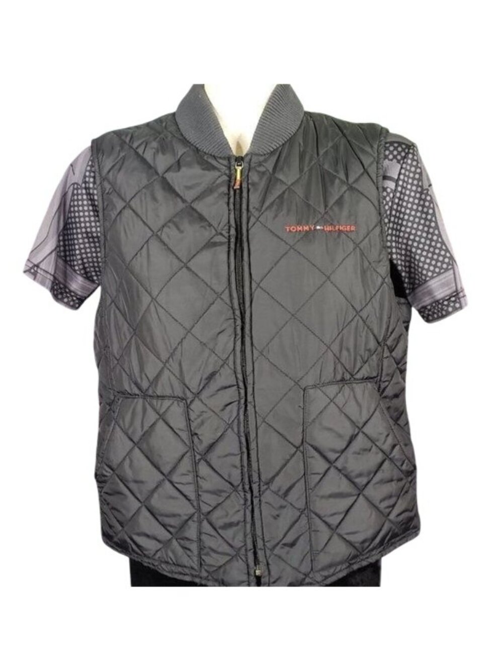 Tommy Hilfiger Quilted Black Vest With Button Details & Plaid Lining Size Large